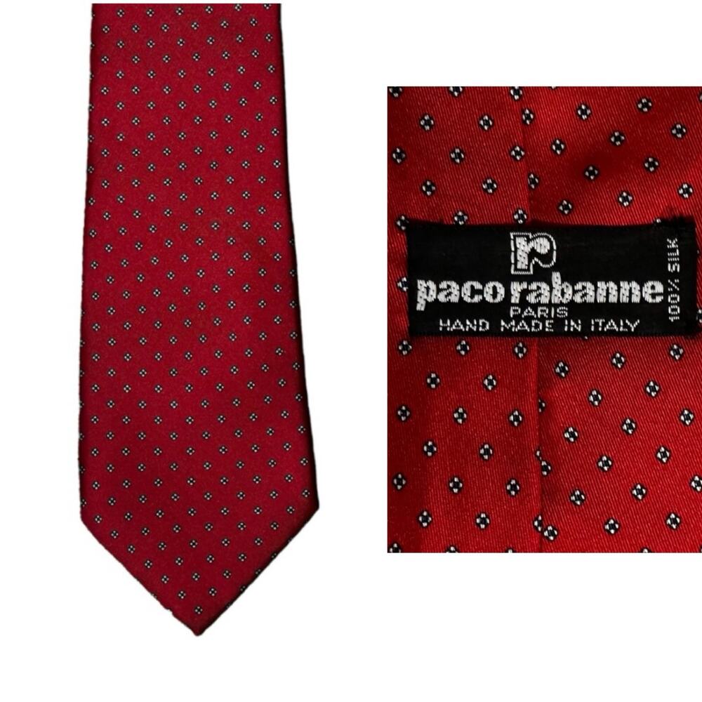 Vintage 70s Paco Rabanne Red Microdot Print Silk Neck Tie Deadstock Office